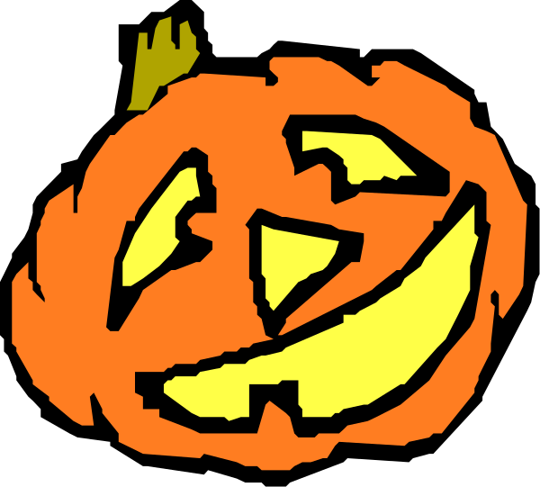 The image shows a cartoon pumpkin with eyes drawn on it to resemble a face, accompanied by two jack-o'lanterns that have teeth carved into them in front of what appears to be an orange background representing autumn leaves and branches.