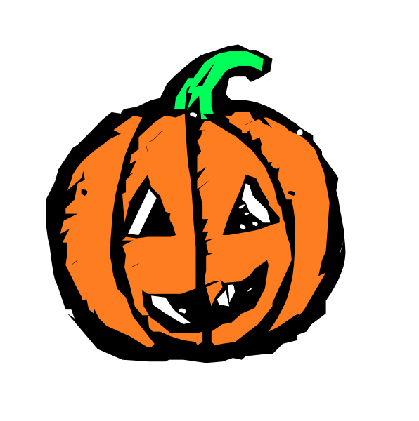 The image shows a cartoon pumpkin with eyes drawn on it to resemble a face, set against white background.