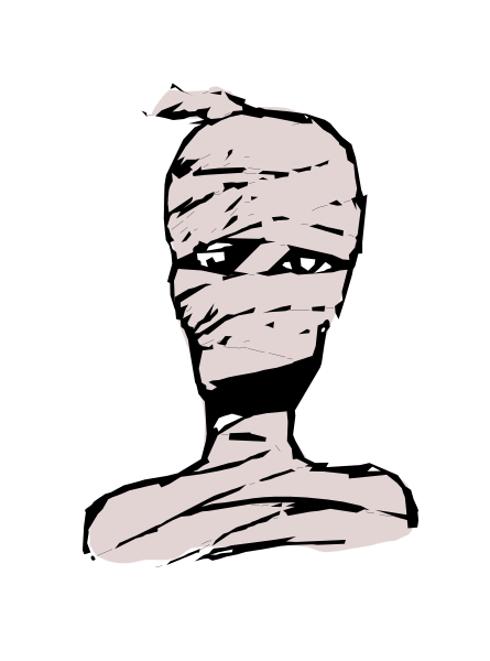 The black and white illustration shows a stylized figure with bandages wrapped around its head, arms, torso, legs, and feet; it has an expressionless face and is standing against a dark background.