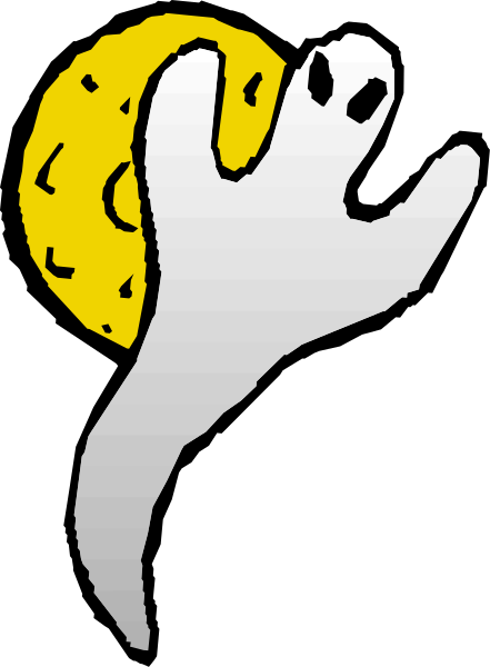 The image shows a cartoon of an animated ghost holding up a cookie with its right hand while standing on top of what appears to be a moon in front of it against a black background.