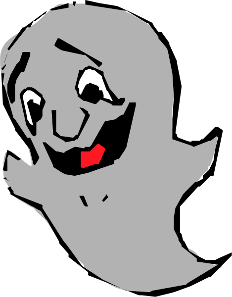 The image shows a cartoon ghost with an exaggerated smile on its face against a black background.