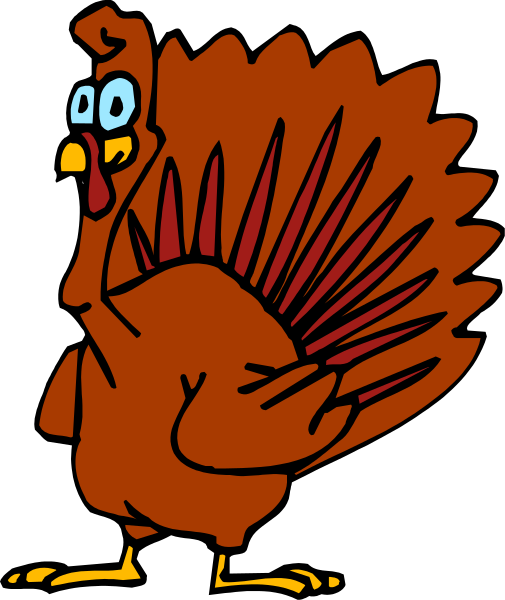 The image shows a cartoon turkey standing upright with its wings tucked into its body against a plain background.