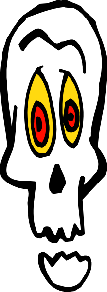 The image shows a cartoon skull with red eyes peeking out from behind what appears to be black vertical stripes on either side of it.