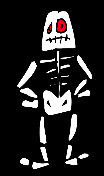 The black and white cartoon shows a skeleton standing with its arms crossed against an abstract background that transitions from dark to light gray tones horizontally across the image.