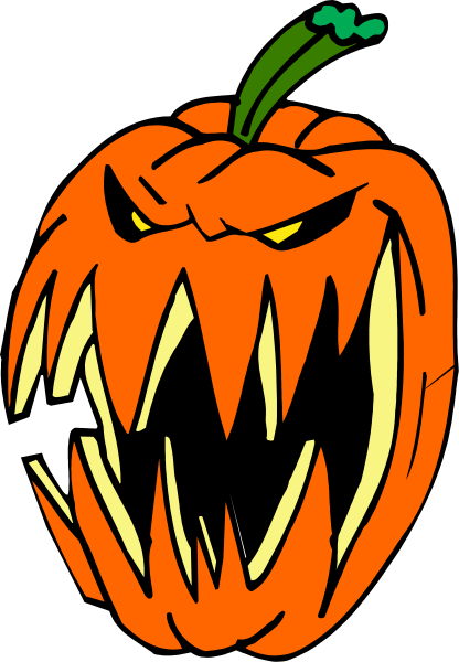 The image shows a cartoon pumpkin with an angry expression featuring sharp teeth and eyes that resemble fangs; it has green stem at top and is set against black background.