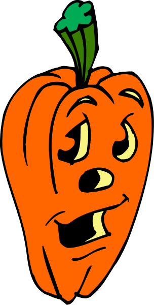 The image shows a cartoon pumpkin with eyes and mouth drawn on it against an orange background that resembles autumn leaves.