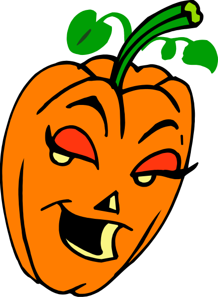 The image shows a cartoon pumpkin with eyes and mouth drawn on it to resemble a face, set against a plain background.
