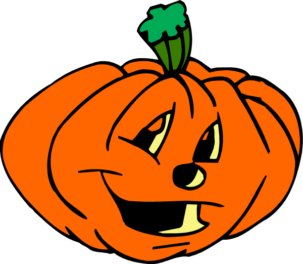 The image shows a cartoon pumpkin with eyes that resemble jack o' lanterns sitting on top of another larger carved pumpkin in front of which is an orange background representing Halloween night sky.