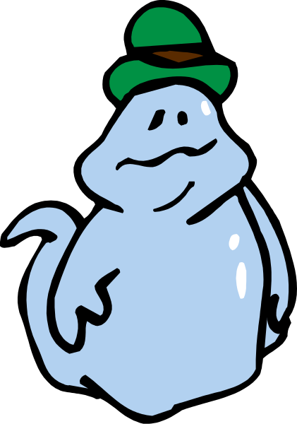 The image shows a cartoon ghost with an exaggeratedly large head wearing a green hat standing next to another smaller figure that appears to be a dog-like creature also in costume; both characters have speech bubbles, and there is no background detail provided beyond their outlines.