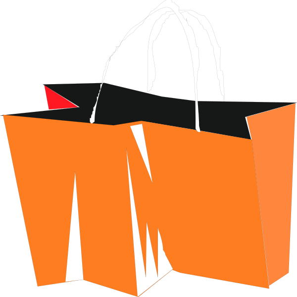 The image shows a stylized orange shopping bag with handles on top of it against an abstract black background.