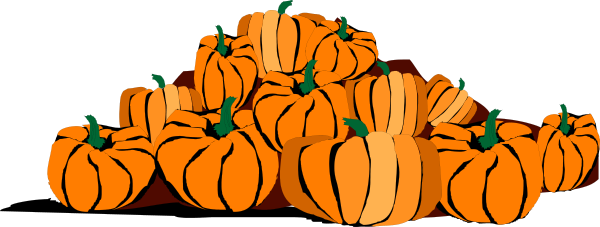 The image shows a collection of pumpkins with carved faces on them arranged together against an unseen background; there is no text present in this clip-art illustration.