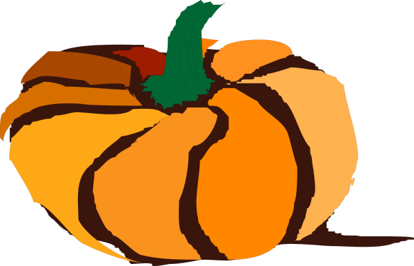 The image shows a cartoon of two pumpkins with faces carved into them sitting on top of each other against an orange background that resembles autumn leaves; there is no text present in this clip-art illustration, and it does not depict any actions or settings beyond what has been described.