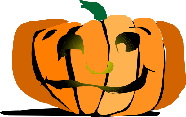 The image shows a cartoon pumpkin with eyes drawn on it to resemble a face, set against an orange background that suggests Halloween theme.