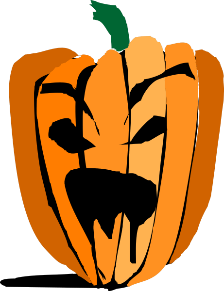 The image shows a cartoon pumpkin with carved features that resemble eyes and mouths on its surface against an orange background.