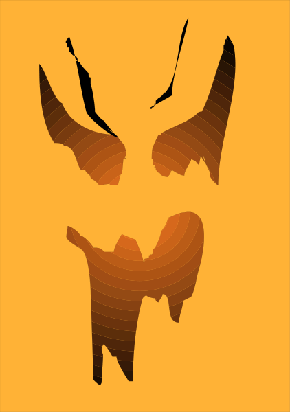 The image shows a stylized graphic of an orange skull with two horns on either side against a yellow background that has black outlines resembling flames at its base.