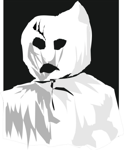 The image shows a black and white silhouette of an individual wearing what appears to be a mask with eye holes cut out, resembling a ghost-like figure against a dark background.