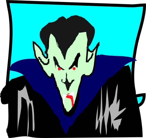 The image features a cartoon of Dracula with red eyes and fangs against a blue background.