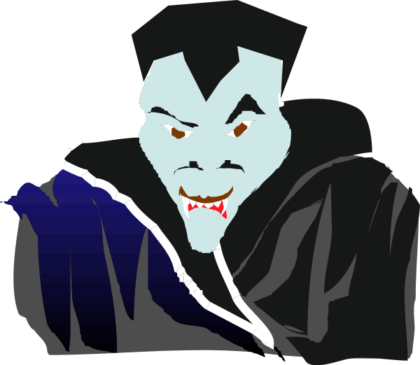 The image shows a cartoon of an animated character with vampire features such as fangs and pointed ears, dressed like Dracula in black clothing with blue accents on his cape, standing against a dark background that resembles nighttime sky.