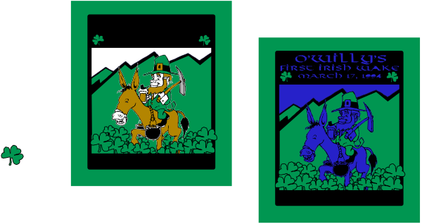 The image shows two posters with cartoon illustrations of a green landscape featuring characters that appear to be anthropomorphic dogs in costumes standing on grassy ground; one poster has text "O'Houlihan" and an Irish flag, while the other says "Celtic Myths."