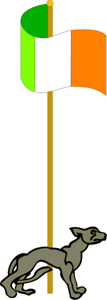 The flag of Ireland on a pole with an animal silhouette behind it against a black background.