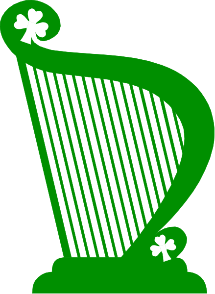 The image shows a graphic of an Irish harp with shamrocks on either side against a white background.