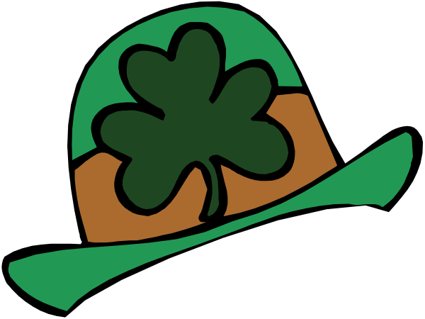 The image shows a stylized illustration of an Irish hat with shamrocks on it against a dark background.
