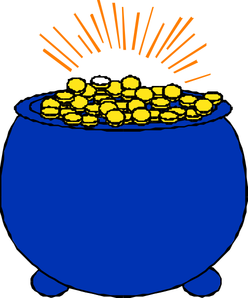 The image shows a blue bucket filled with gold coins on top of which there is an illustration resembling sun rays emanating from behind it.