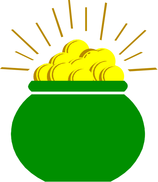 The image shows a green pot filled with gold coins under an illustration of sunbeams against a dark background.