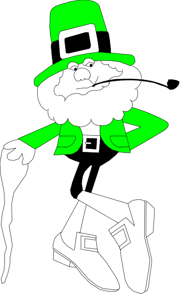 The image shows a green leprechaun wearing a top hat with an orange flower on it standing next to what appears to be a black door frame in front of which is a gray background that has some texture, possibly resembling wood grain.