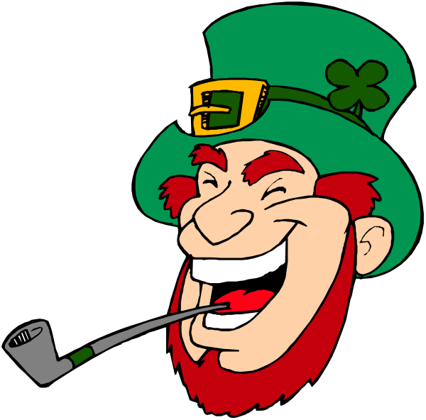 The cartoon depicts a caricature of an Irish man with red hair wearing green attire resembling St Patrick's Day clothing; he is holding cigarettes in his mouth while smiling broadly, and there appears to be another similar figure on the right side out of focus.