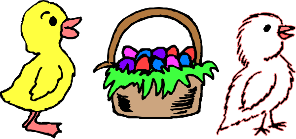 The image shows a cartoon of three birds: two ducks on either side with an Easter basket between them containing eggs in front of what appears to be spring flowers; there is no text present within this small clip-art illustration, and it seems to represent themes associated with Spring or the arrival of new life.