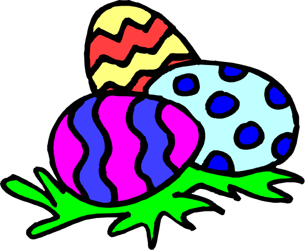 The picture shows three colorful Easter eggs with different patterns on a grassy surface under an egg carton.