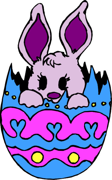 The image shows a cartoon bunny sitting inside an Easter egg with colorful swirls around it; there is no text present in this clip-art illustration.