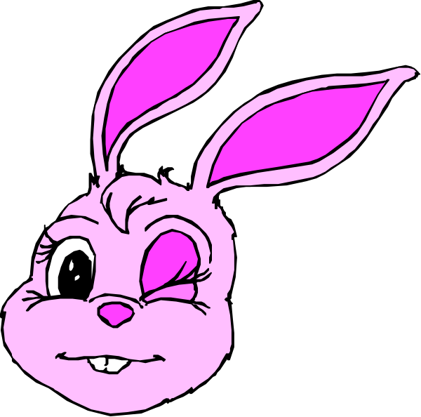 The image shows two cartoon bunny heads with pink fur on a black background; both have large eyes and ears typical of rabbits.