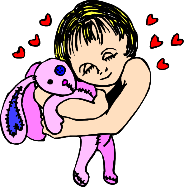 The image shows a cartoon of two panels with different scenes: In both panels there is an animated girl hugging her pink stuffed animal; in one panel she's indoors at night holding it close, and in another daytime scene outside during spring or summer where flowers are blooming around.