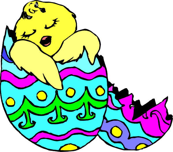 The image shows a cartoon of an Easter egg with two bunnies inside it; there is no text present on this clip-art picture.