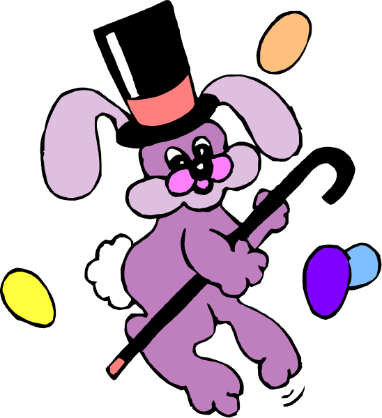 The image features a cartoon bunny character dressed as an entertainer with top hat holding juggling balls while standing on one leg in front of Easter eggs.
