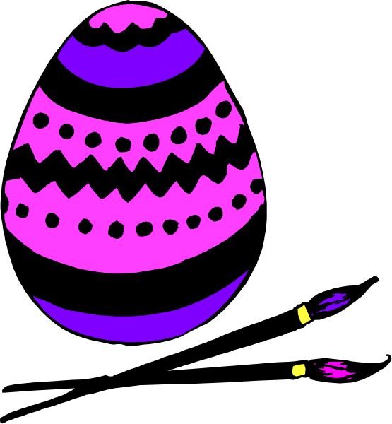 The image shows a colorful Easter egg with purple dots on it against a black background to its left side.