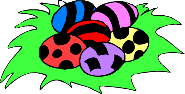 The image shows a cartoon depiction of colorful eggs with faces on them sitting among green leaves atop what appears to be an Easter basket design in black and white tones against a dark background.
