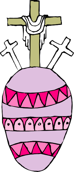 The image shows a cartoon depiction of an Easter egg with teeth on it hanging from what appears to be a cross against a dark background.