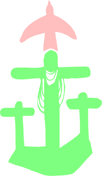 The image shows a black silhouette of an airplane with wings on either side against a dark background; below it is another smaller figure that appears to be sitting atop what looks like a bench-like structure, possibly representing a cross or crucifixion scene due to the presence of two vertical bars and horizontal bar resembling arms.
