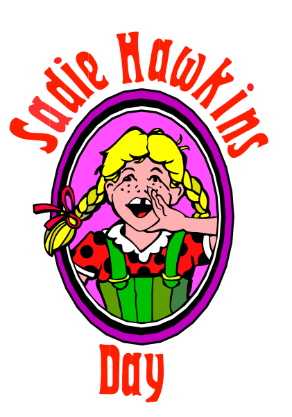 The image features a cartoon of an animated girl with blonde hair wearing red glasses on her head, standing next to text that reads "SODIE HAWKINS DAY" in purple letters atop a pink oval frame.