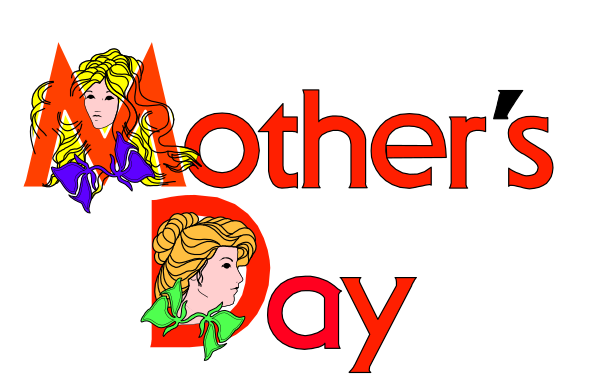 The image shows a graphic with text that reads "Mothers Day" at the top right corner of an illustration featuring three stylized female figures resembling classical paintings; one on each side is blonde, and there's another in between who appears to be brunette or red-haired. Below these images are two smaller texts: "Happy Mother's Day" at the bottom left corner of an image that looks like a child with curly hair wearing glasses, smiling broadly; and on the right side is text reading "Mothers day." The background behind