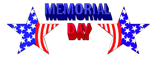 The image shows a graphic with text that reads "MEMORIAL DAY" at top center, flanked by two American flags on either side of the word; below this is an illustration resembling fireworks in red and white hues against blue backgrounds.