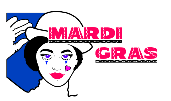 The image shows a banner with text that reads "Mardi Gras" at the top right corner of an illustration featuring what appears to be a stylized depiction of Mardi Gras festivities, including colorful costumes and masks commonly associated with this event.