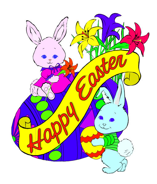 The image features an Easter greeting card with a cartoon bunny on it holding flowers next to a basket of eggs that says "Happy Easter."