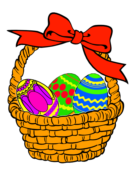 The image shows a basket filled with colorful Easter eggs placed on top of what appears to be an egg-shaped tablecloth; there is also a red bow tied around it.