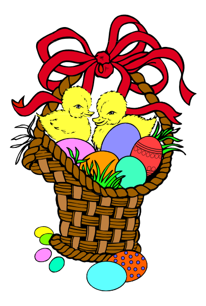 The image shows a basket filled with Easter eggs containing chicks, placed on top of grass under an open blue sky.