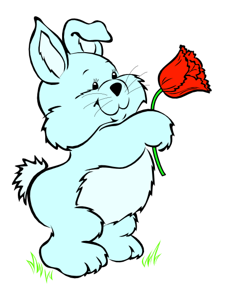 The image features a cartoon bunny holding a red flower with its paw while standing on grass against a black background.