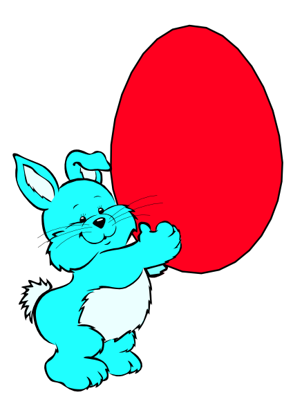The image features a cartoon bunny holding an egg with its paws while standing on top of it against a black background.